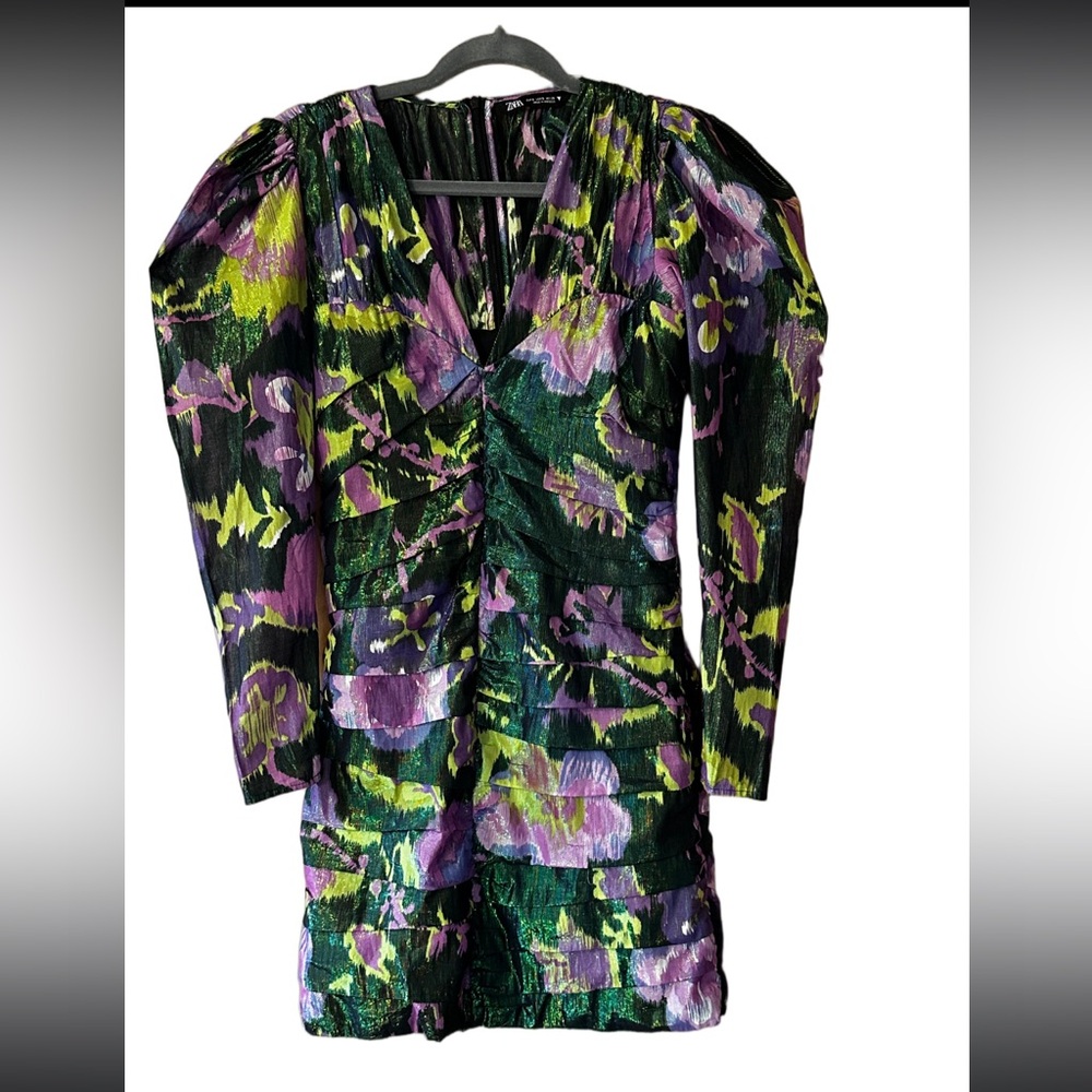 Zara Green, Purple & Black Floral Ruched Mini Dress